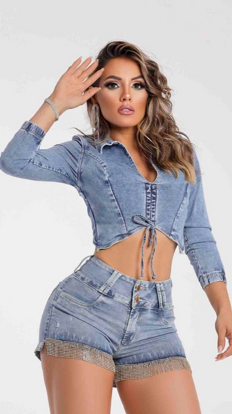 Veste Crop Top en Jean Premium à manches longues